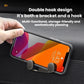 Double hook phone holder holding a phone, matte gray hooks on black base