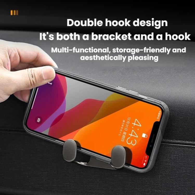 Double hook phone holder holding a phone, matte gray hooks on black base