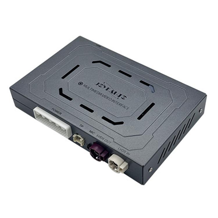 Wireless CarPlay decoder module box with front ports and vents, dark gray housing.