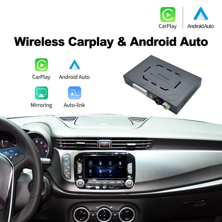 Wireless CarPlay/Android Auto decoder module connected to car dashboard touchscreen display.