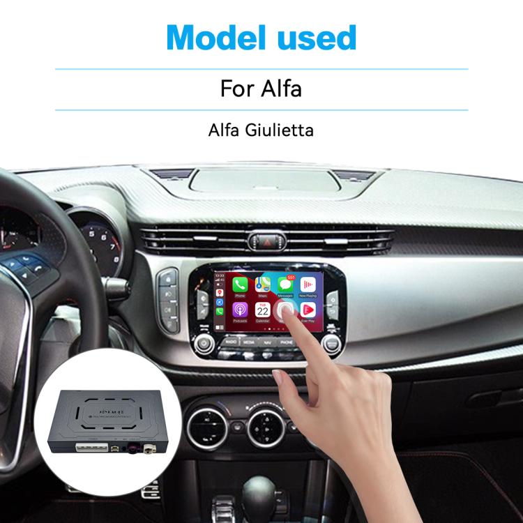 Wireless CarPlay decoder module installed in car, with vehicle touchscreen and hand control.