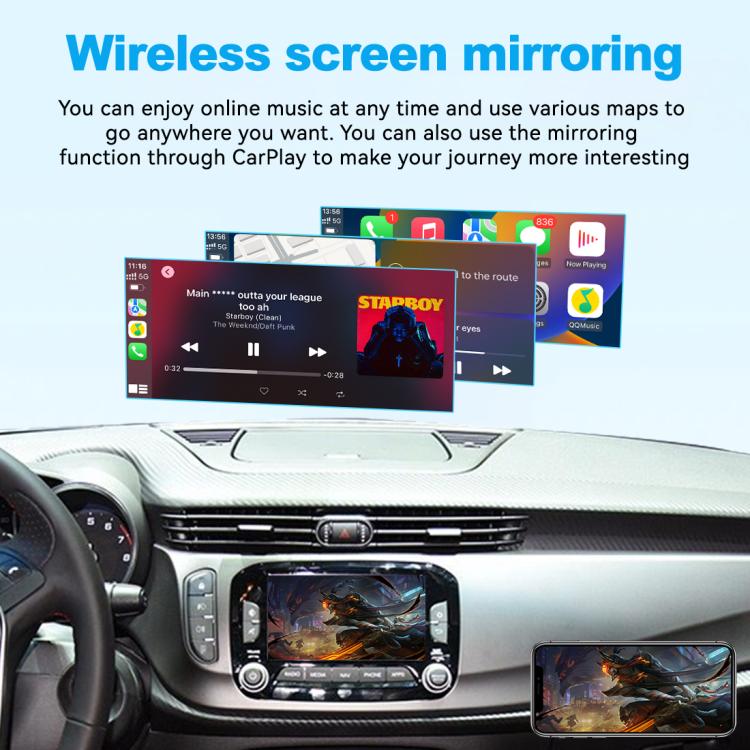 Wireless screen mirroring decoder module in car, with media displayed on dashboard screen.