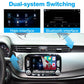 Wireless CarPlay decoder module with dual-system switching shown over car dashboard display.