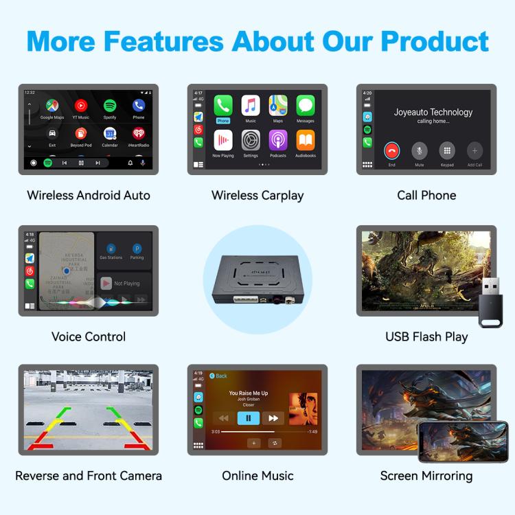 Wireless CarPlay decoder module feature overview with multiple app screen examples.