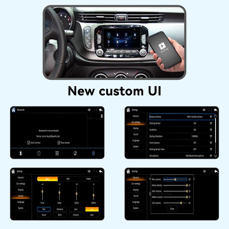Wireless CarPlay decoder module with new custom UI shown on car touchscreen and menus.