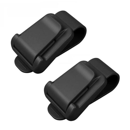 2-pack car sunglasses clip ticket and card holder, black plastic with elastic strap.