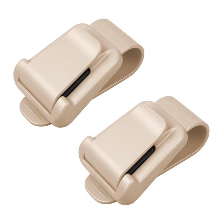 2-pack car sunglasses clip ticket and card holder, beige plastic with elastic strap.