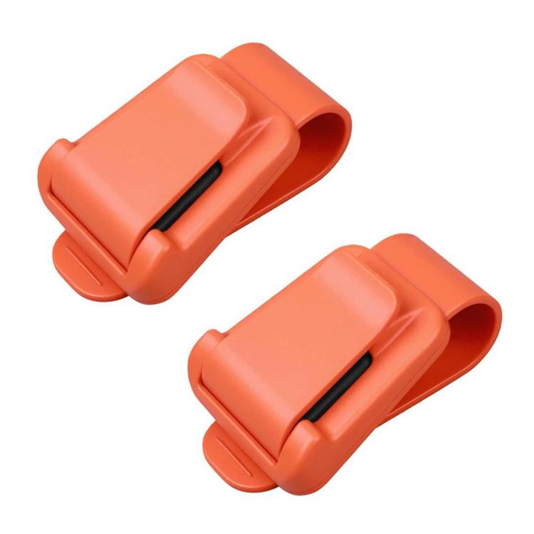 2-pack car sunglasses clip ticket and card holder, orange plastic with elastic strap.