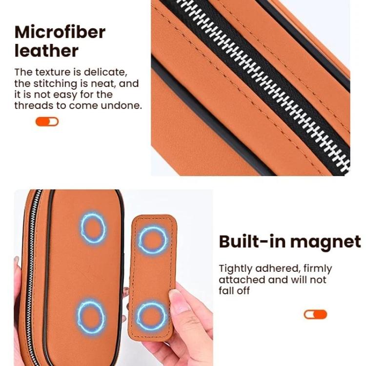Orange oval case showing stitched edges and metal zipper track