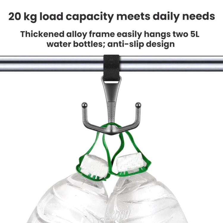 Motorcycle front metal hook with dark strap holding two bottles on the prongs