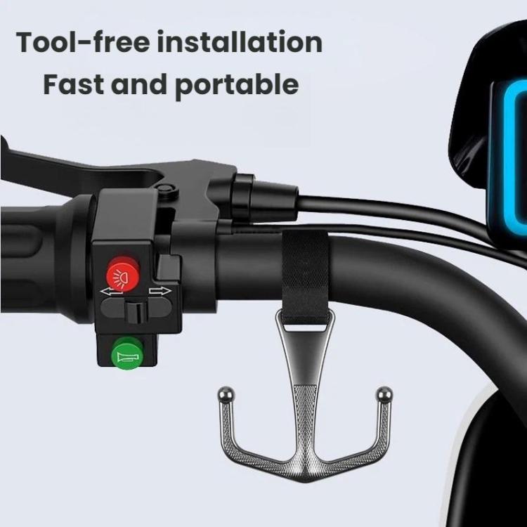 Motorcycle front metal hook mounted on handlebars with dark strap for secure hold