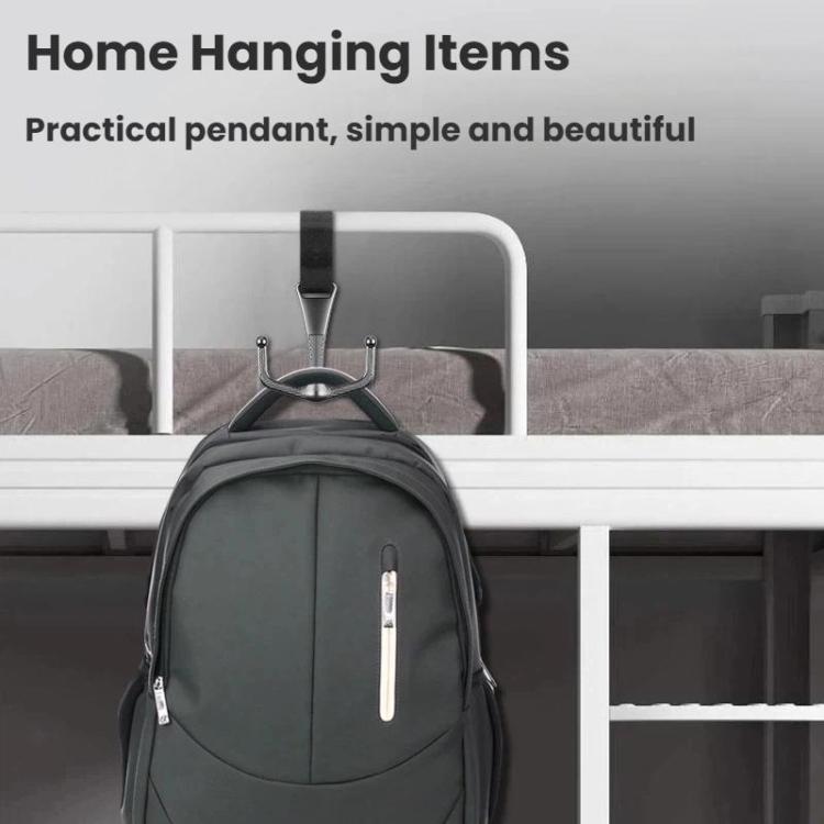 Metal hanging hook with strap for suspending a backpack from the prongs