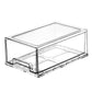 Clear stackable drawer organizer box with open front and two-level interior tray