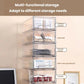 Multi-level clear drawer storage tower organizing paper, tools, and skincare items