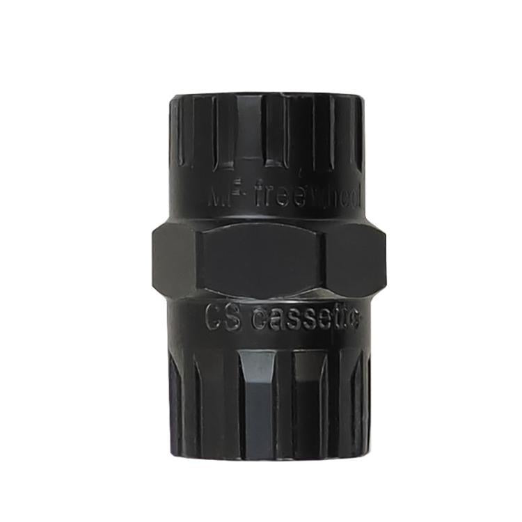 Black freewheel socket tool head with ridged grip for cassette freewheel removal.
