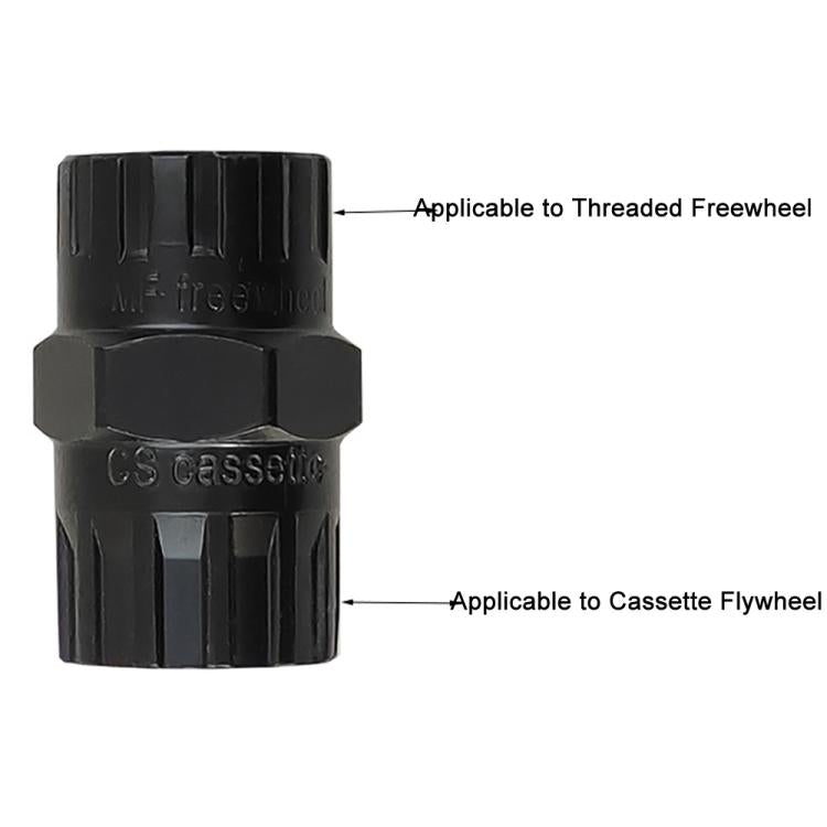 Black freewheel socket tool designed for threaded freewheel and cassette.