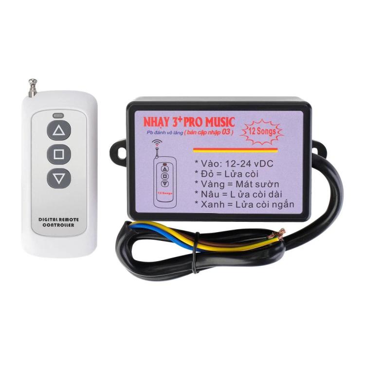 Car horn control box with colored display, white remote, and connected wiring harness