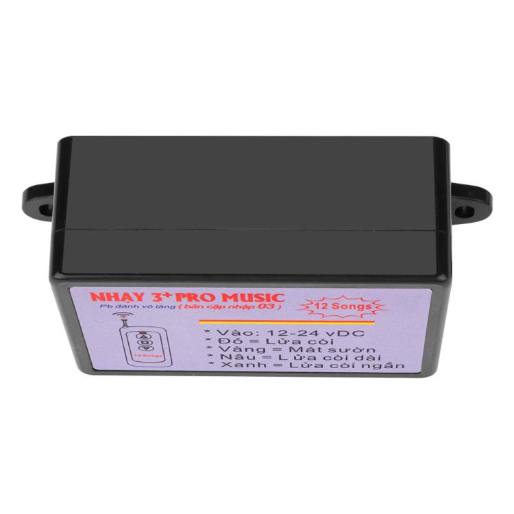 Car horn control box with black housing and front printed circuit label