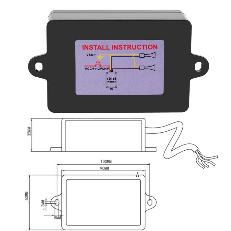 Car horn control box back with install instruction diagram and wiring ports