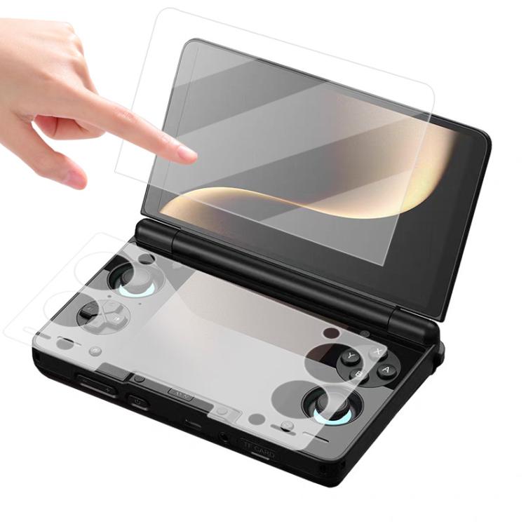 Tempered glass screen protector applied to AYN Thor upper screen, HD clear
