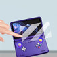 Hand aligning clear tempered glass screen protector on handheld console screen.