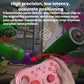 Pink wireless game controller held in hand, showing thumbsticks and action buttons