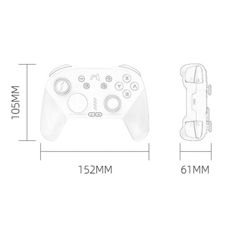 White wireless game controller outline with 152mm width and 105mm height