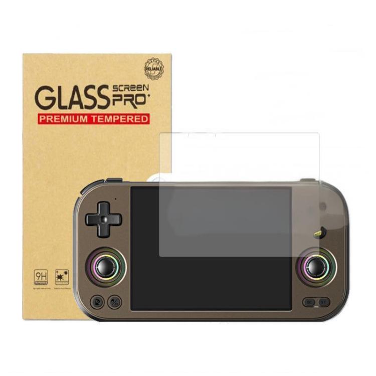 Clear tempered glass screen protector for handheld console, fitted on screen