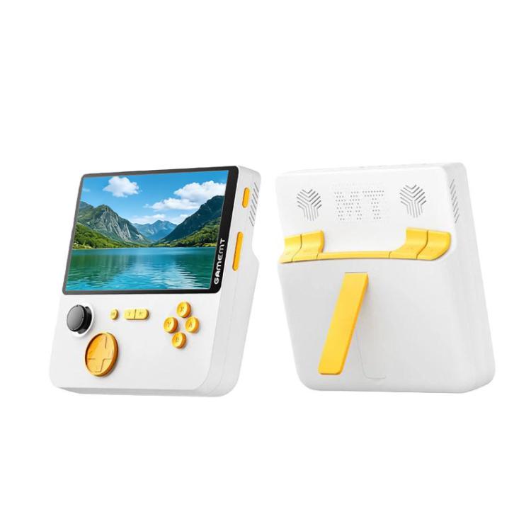 Handheld retro game console, white with yellow buttons and speaker-grille back