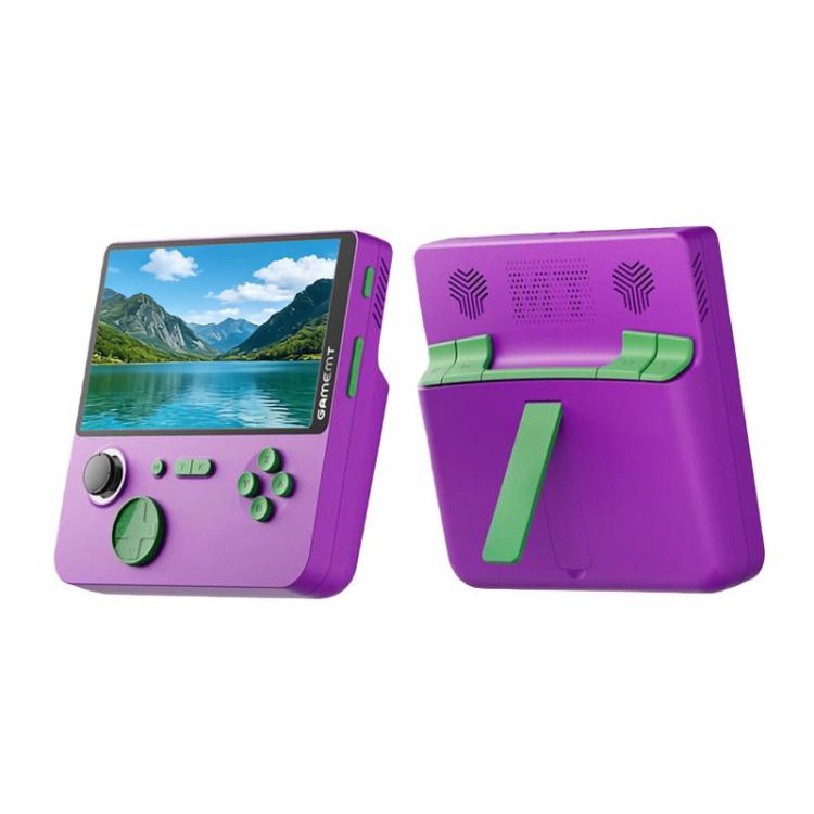 Purple handheld retro game console, front screen and rear handle with speaker vents