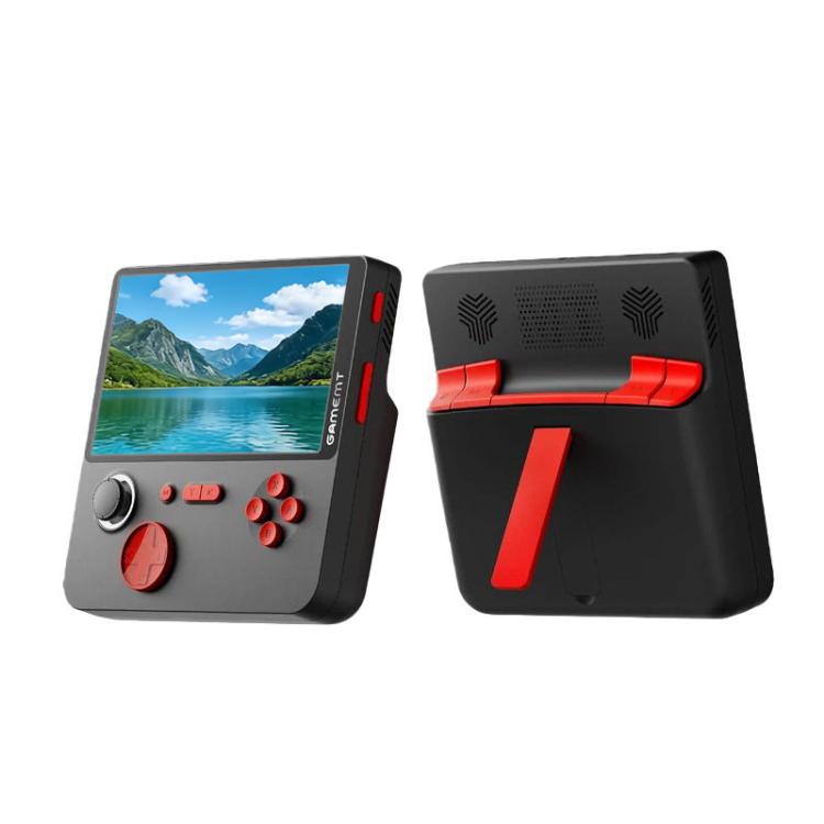 Handheld retro game console, black with red D-pad and speaker vents on back