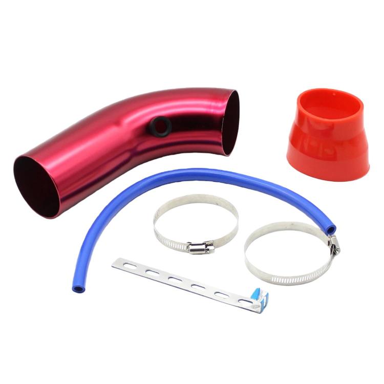 Red aluminum intake pipe with blue silicone hose, clamps, and mounting bracket kit