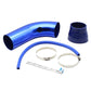 Blue aluminum intake pipe with blue silicone hose, clamps, and mounting bracket kit