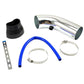Silver metal intake pipe with blue silicone hose and hose clamps, plus mounting bracket