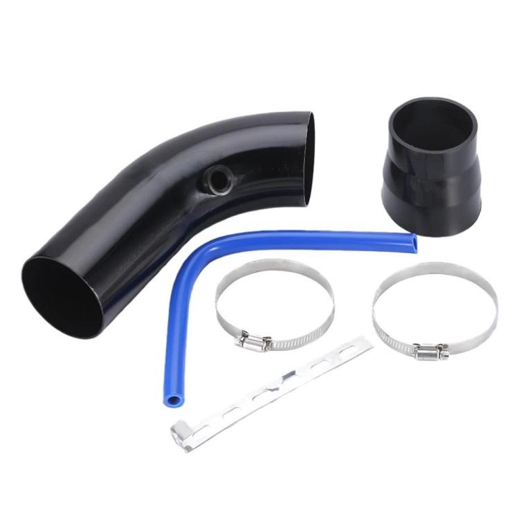 Black aluminum intake pipe with blue silicone hose, hose clamps, and mounting bracket kit