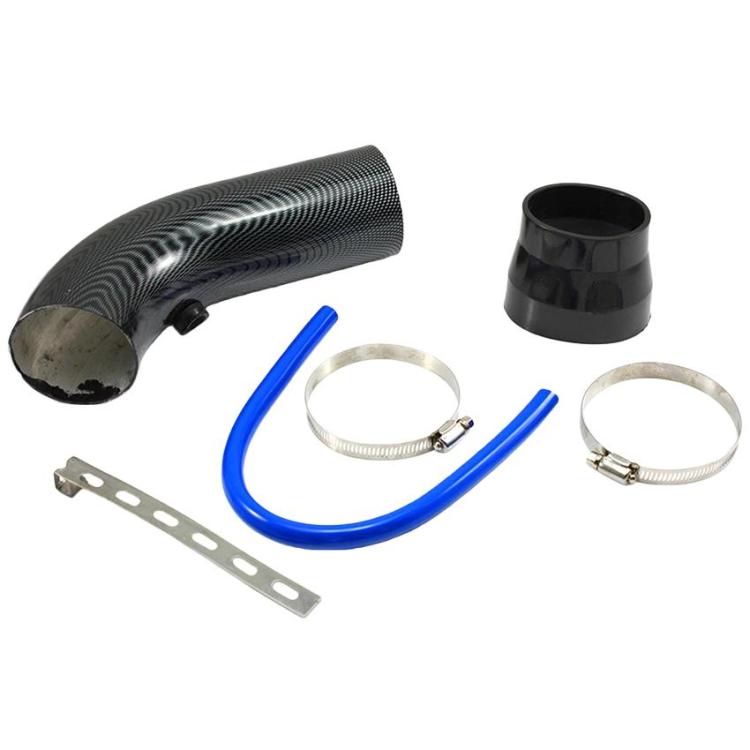 Carbon-fiber style intake pipe with blue silicone hose, hose clamps, and mounting bracket kit