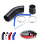 Black aluminum intake pipe kit with blue silicone hose, clamps, and mounting bracket
