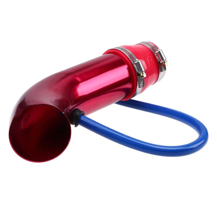Red aluminum intake pipe with blue silicone hose loop and two hose clamps