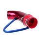 Red aluminum intake pipe with blue silicone hose and two hose clamps