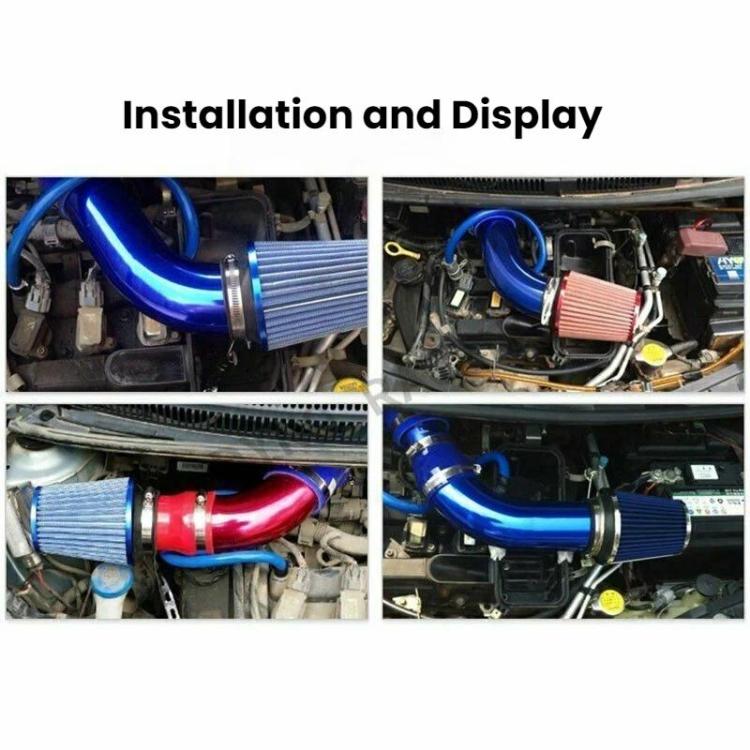 Installed blue intake pipe system shown in vehicle engine bay, with hoses and clamps