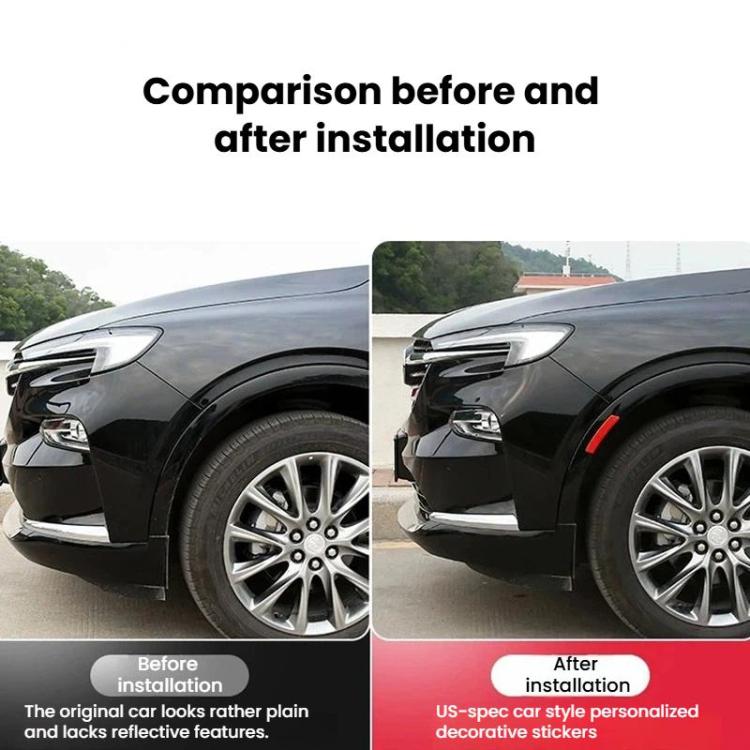 Car fender before-and-after with red reflective warning decal installed