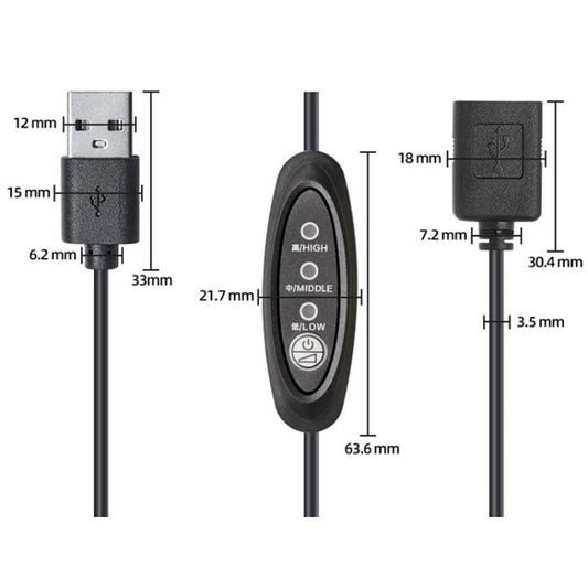 T3 speed controller with DC connector, shown with size measurements