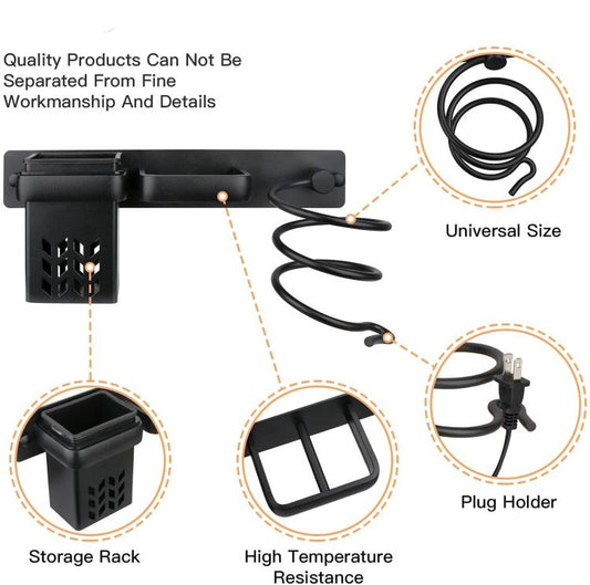 Wall-mounted hair tool holder with storage rack, plug holder, and cord coil hooks, black