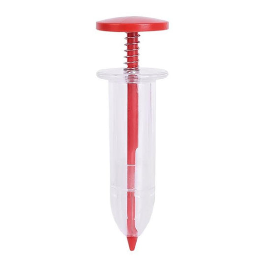 Single clear syringe seed planter with red top cap and pointed planting tip