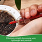 Red-tipped syringe seed planter in use, dispensing into soil near a hand