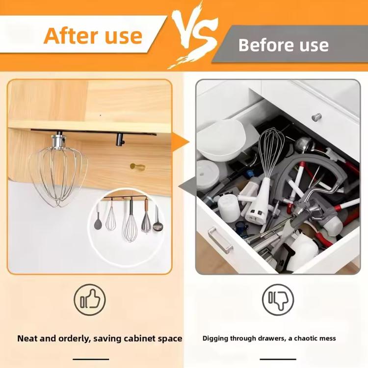 Mixer accessory storage hooks set with whisk hanging on wall rail