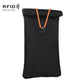 Black roll-up drawstring RFID shielding pouch with round snap toggle for cards