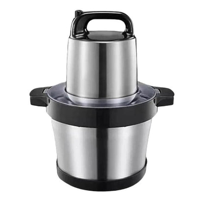 Stainless steel meat grinder with black base and handle, compact countertop design