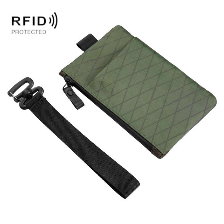 RFID-blocking card wallet with zip pocket, green fabric, wrist strap, card slot view