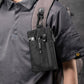 Black RFID-blocking card wallet worn on chest strap, zip pocket and zipper pulls visible
